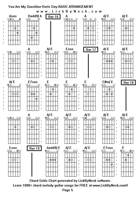 Chord Grids Chart of chord melody fingerstyle guitar song-You Are My Sunshine-Doris Day-BASIC ARRANGEMENT,generated by LickByNeck software.